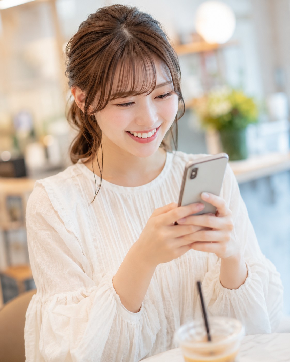 スマホでILアプリを見て嬉しそうに微笑む女性（イメージ）